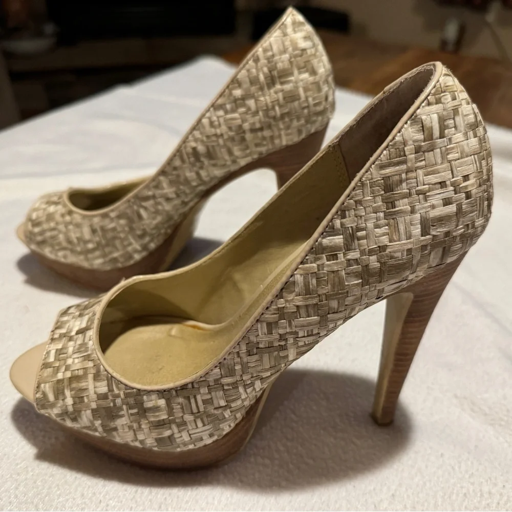 (6) Multi-Gradient Levity Raffia Woven Peep Toe Stiletto ~4.75” Heel